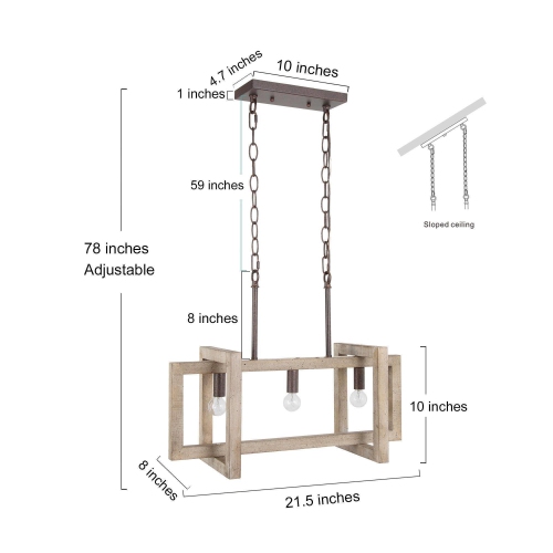Farmhouse Wood Linear 3-Light Chandelier Island Lights for Dining Room