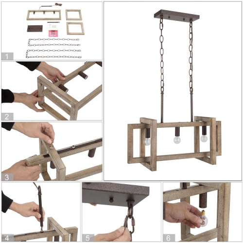 Farmhouse Wood Linear 3-Light Chandelier Island Lights for Dining Room