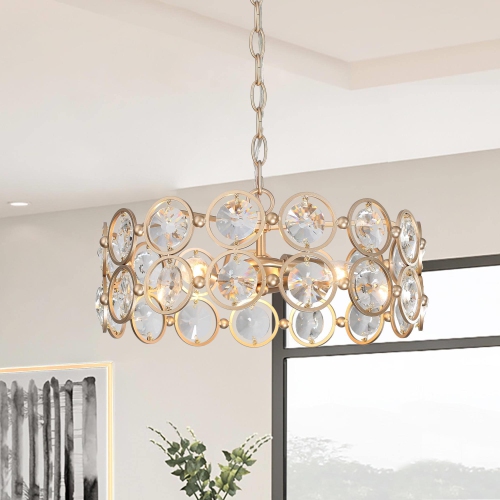 LNC  Mid-Century Modern 3-Light Drum Crystal Chandelier for Dining Room In Gold