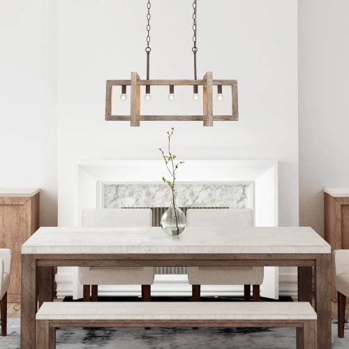 Farmhouse Rustic 5-Light Unique Linear Handcrafted Chandelier Island Pendant Lights