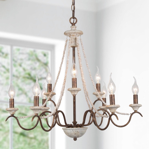 Farmhouse 9-Light French Country Chandelier with Wood Beaded