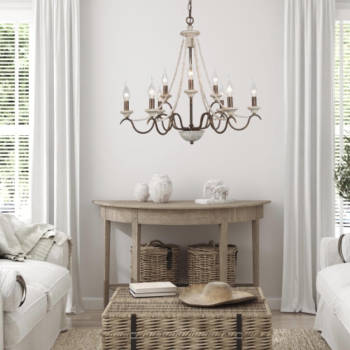 Farmhouse 9-Light French Country Chandelier with Wood Beaded