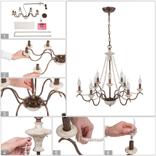 Farmhouse 9-Light French Country Chandelier with Wood Beaded