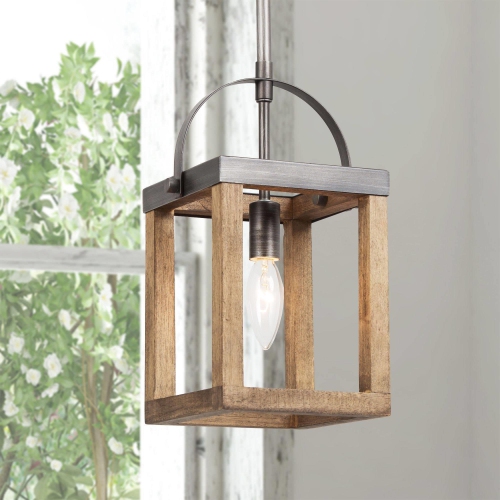 Farmhouse Industrial 1-Light Lantern Wood Pendant for Kitchen Island