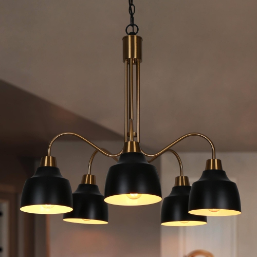 Lustre industriel mi-siècle moderne à 5 lampes en métal noir pour îlot de cuisine pour salle à manger
