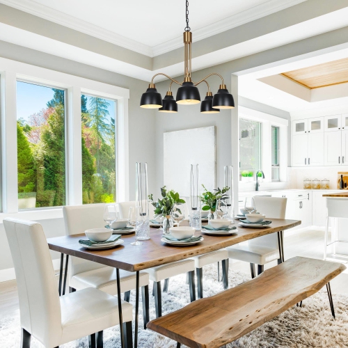 Lustre industriel mi-siècle moderne à 5 lampes en métal noir pour îlot de cuisine pour salle à manger