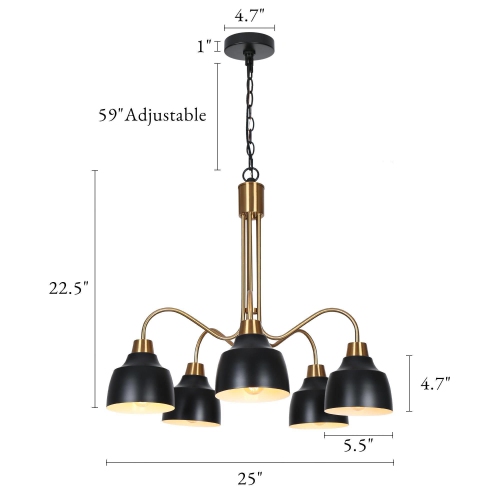 Lustre industriel mi-siècle moderne à 5 lampes en métal noir pour îlot de cuisine pour salle à manger
