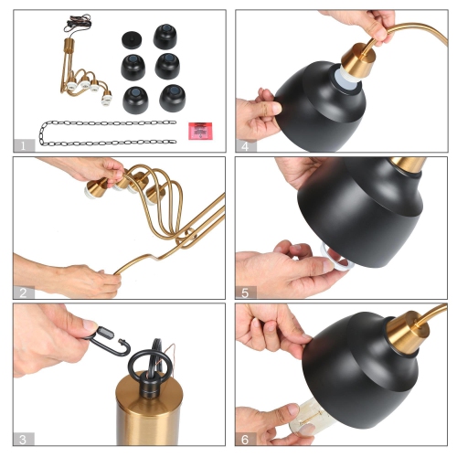 Lustre industriel mi-siècle moderne à 5 lampes en métal noir pour îlot de cuisine pour salle à manger