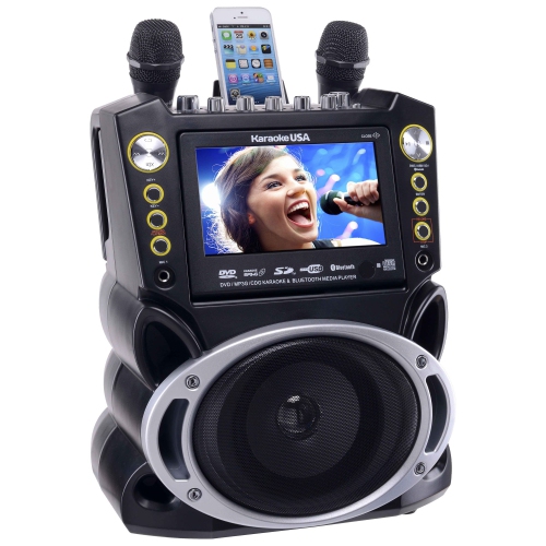 Karaoke USA GF844 Complete Karaoke System with 2 Microphones, Remote Control, 7” Color Screen, LED Lights - Works with DVD, Bluetooth, CD, MP3 and