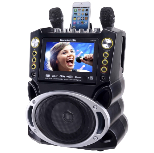 Karaoke USA GF844 Complete Karaoke System with 2 Microphones, Remote Control, 7” Color Screen, LED Lights - Works with DVD, Bluetooth, CD, MP3 and