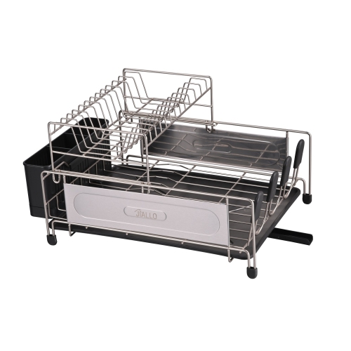Sabatier Expandable Stainless Steel Dish Rack with Rust-Resistant Soft Coated Wires and Bi-Directional Spout - Black