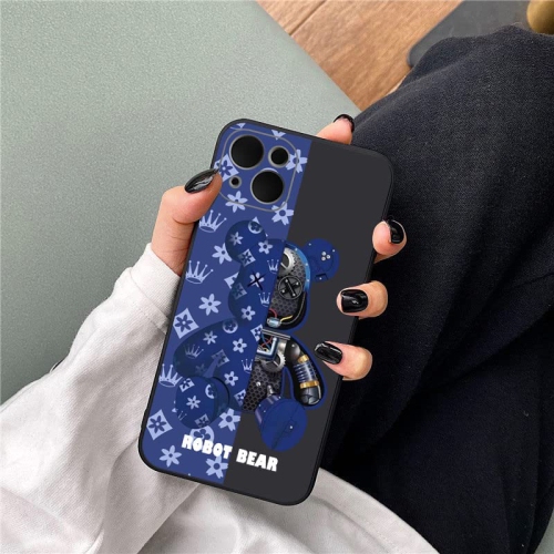 iPhone 14/13 Fashionable Designer Bear Silicone Case avec protection complète du corps en couleur violette / noire