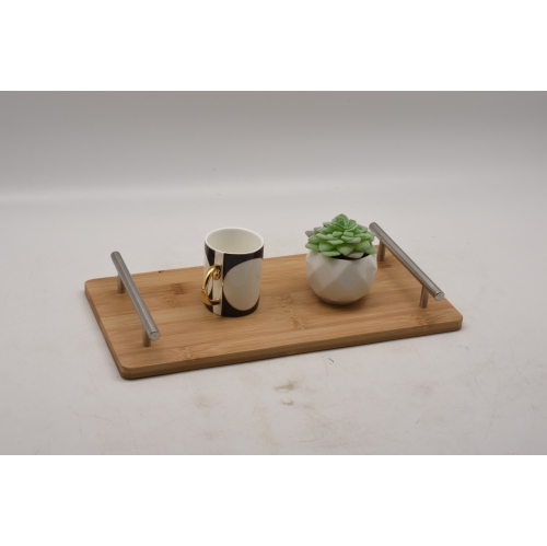 Rectangular BAMBOO TRAY with chrome finish handle