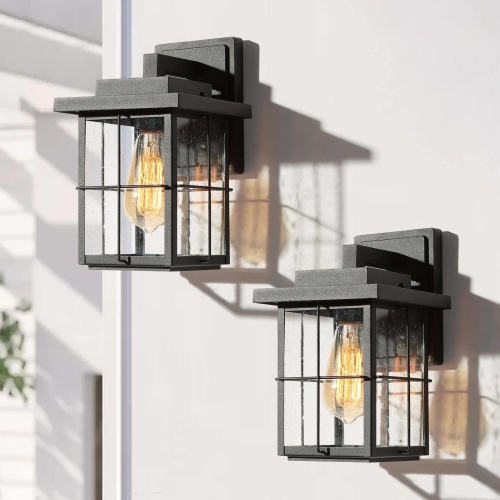 LNC  Mid-Century Modern Seeded Glass Traditional Lantern Outdoor Wall Sconce In Black