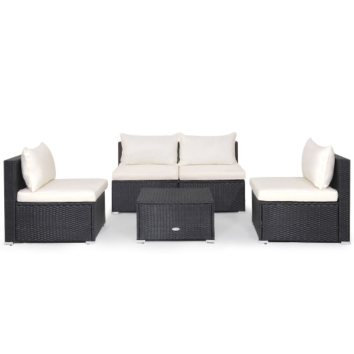 Gymax 5PCS Patio Outdoor Rattan Sofa Conversation Set w/ Seat & Back Cushions Off White