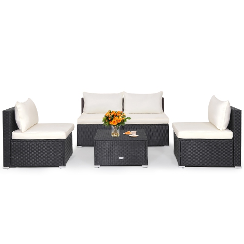 Gymax 5PCS Patio Outdoor Rattan Sofa Conversation Set w/ Seat & Back Cushions Off White