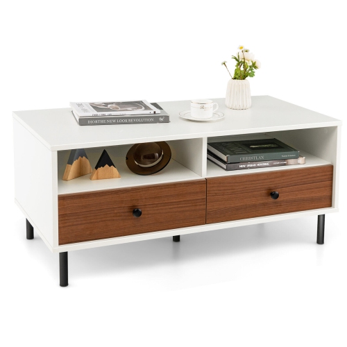 GYMAX  Coffee Table Modern Rectangle W/ Storage Shelf & Drawers Living Room Furniture