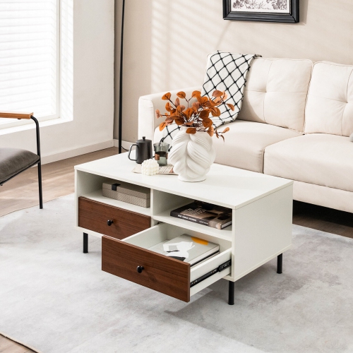 Gymax Coffee Table Modern Rectangle w/ Storage Shelf & Drawers Living Room Furniture