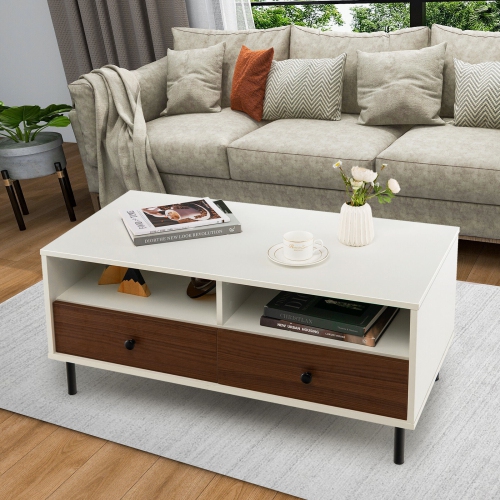 Gymax Coffee Table Modern Rectangle w/ Storage Shelf & Drawers Living Room Furniture