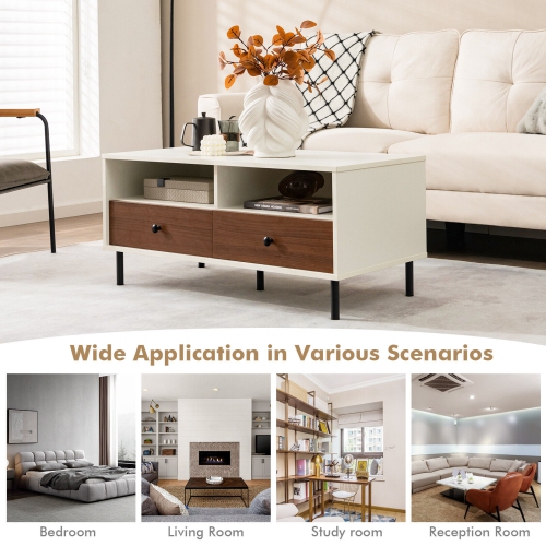 Gymax Coffee Table Modern Rectangle w/ Storage Shelf & Drawers Living Room Furniture