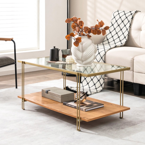Gymax Coffee Table Rectangle Glass Top w/ Storage Shelf & Gold Steel Frame Living Room