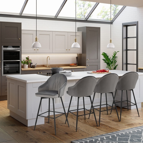 Gymax Set of 4 Velvet Bar Stools Swivel Pub Height Dining Chairs w/ Metal Legs Gray