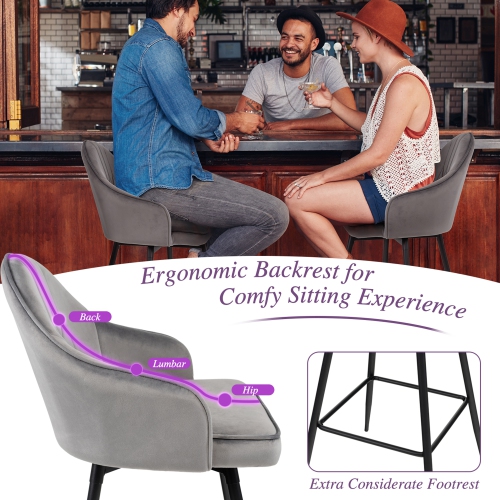 Gymax Set of 4 Velvet Bar Stools Swivel Pub Height Dining Chairs w/ Metal Legs Gray