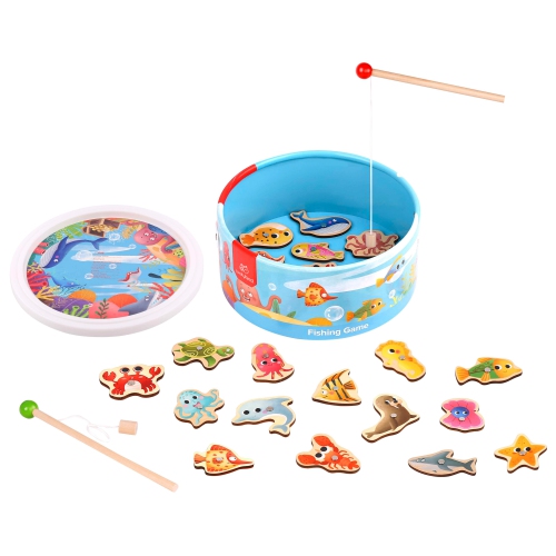 TOOKYLAND Magnetic Fishing Game Set - 22PCs - Wooden Aquatic Animals And Toy Rods, Ages 3+
