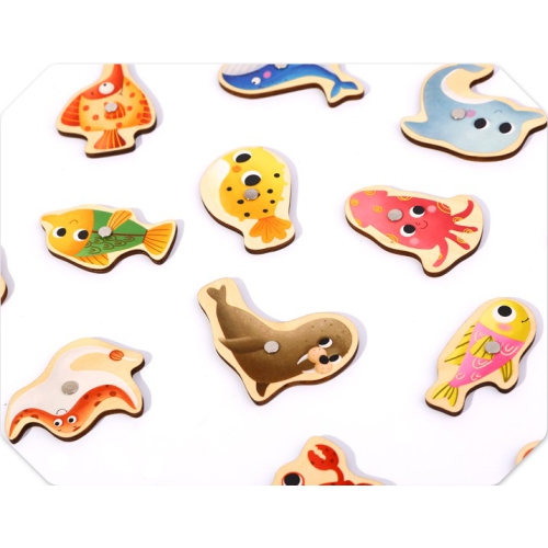 TOOKYLAND Jeu de Pêche Magnétique en Bois- 22pcs - Ensemble d'Animaux Aquatiques et Cannes à Pêche, 3 Ans +