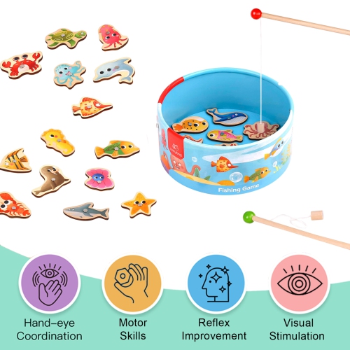 TOOKYLAND Jeu de Pêche Magnétique en Bois- 22pcs - Ensemble d'Animaux Aquatiques et Cannes à Pêche, 3 Ans +