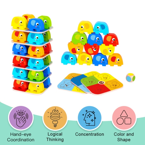 TOOKYLAND Wooden Elephant Stacking Game - 46pcs Play Set with Pattern Cards and Die, Ages 3+