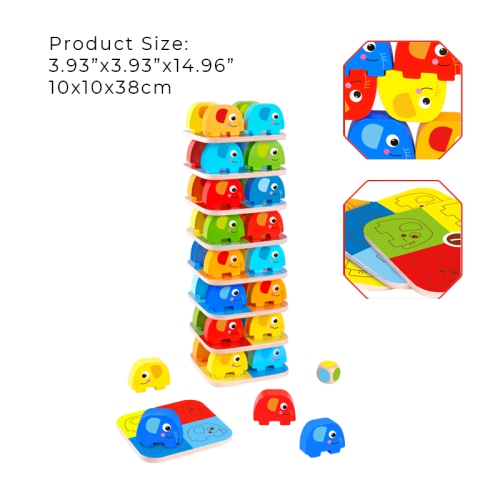 TOOKYLAND Wooden Elephant Stacking Game - 46pcs Play Set with Pattern Cards and Die, Ages 3+