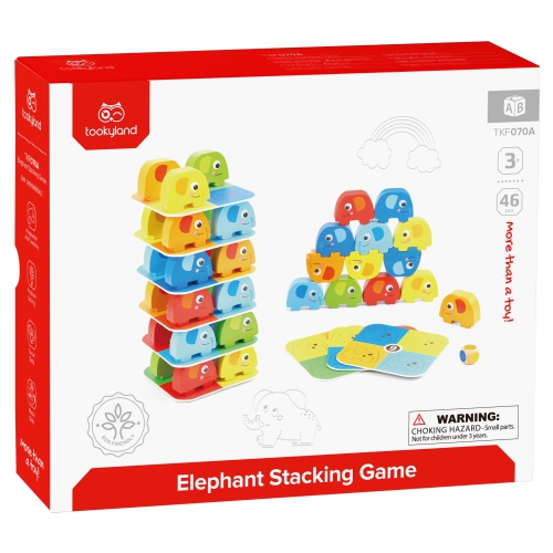 TOOKYLAND Wooden Elephant Stacking Game - 46pcs Play Set with Pattern Cards and Die, Ages 3+