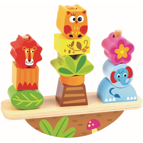 TOOKYLAND  Wooden Animals Rocking Stacker - 13PCs Stacking Toy With Block Lacing String, Ages 2+