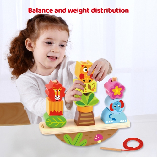 TOOKYLAND Empileur à Bascule en Bois - 13pcs - Jouet d'Empilage avec Ficelle à Enfiler, 2 ans +