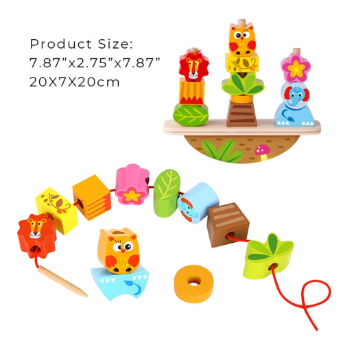TOOKYLAND Empileur à Bascule en Bois - 13pcs - Jouet d'Empilage avec Ficelle à Enfiler, 2 ans +