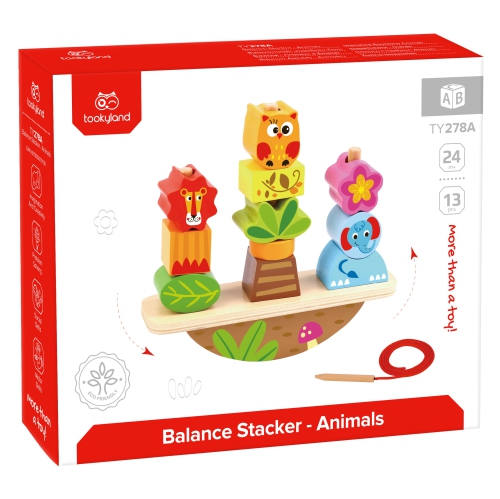 TOOKYLAND Empileur à Bascule en Bois - 13pcs - Jouet d'Empilage avec Ficelle à Enfiler, 2 ans +