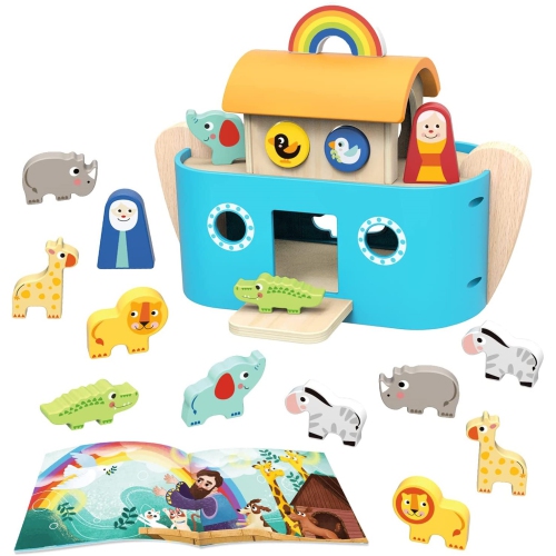 TOOKYLAND  Wooden Noah's Ark Playset - 19PCs Animal Shape Sorter With Story Book, Ages 2+