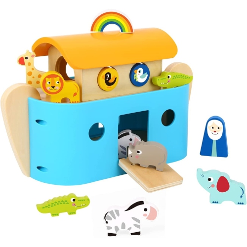 TOOKYLAND Wooden Noah's Ark Playset - 19pcs Animal Shape Sorter with Story Book, Ages 2+