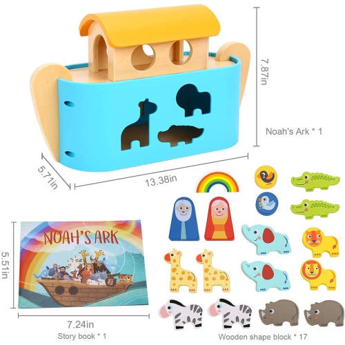 TOOKYLAND Wooden Noah's Ark Playset - 19pcs Animal Shape Sorter with Story Book, Ages 2+