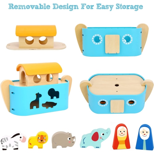 TOOKYLAND Wooden Noah's Ark Playset - 19pcs Animal Shape Sorter with Story Book, Ages 2+