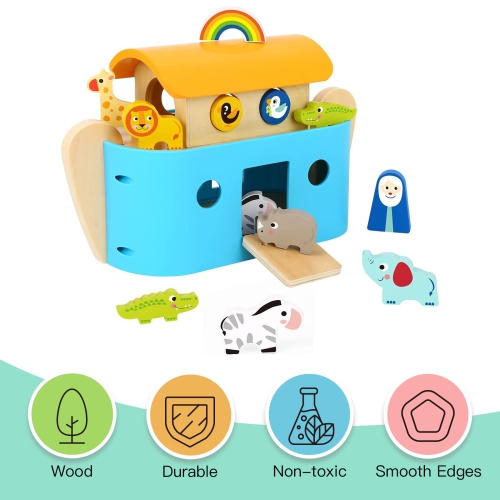 TOOKYLAND Wooden Noah's Ark Playset - 19pcs Animal Shape Sorter with Story Book, Ages 2+