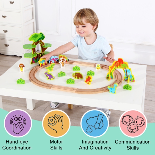TOOKYLAND Wooden Dinosaur Train Set - 40pcs - Tracks, Train, Figurines and Decor, Ages 3+