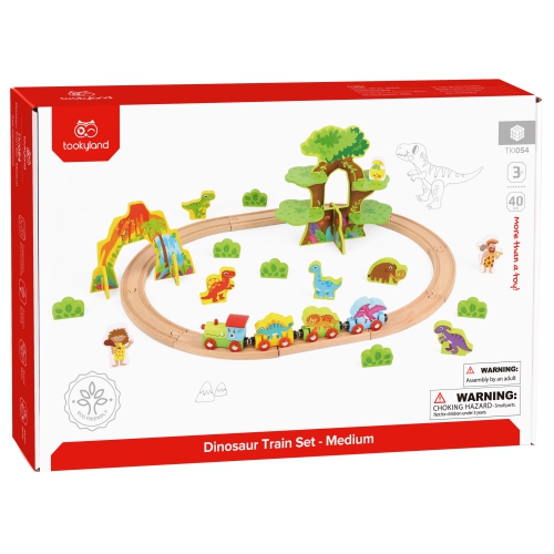 TOOKYLAND Wooden Dinosaur Train Set - 40pcs - Tracks, Train, Figurines and Decor, Ages 3+
