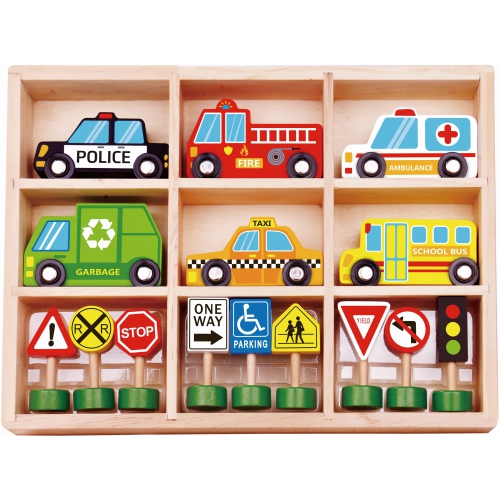 TOOKYLAND Véhicules et Panneaux de Signalisation en Bois - 16pcs - Ensemble de Jouets avec Voitures, Camions et Autobus, 3 Ans +