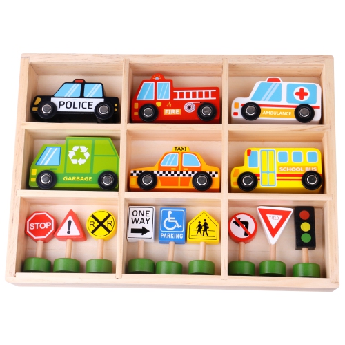 TOOKYLAND Wooden Vehicles and Street Signs Play Set - 16pc - Toy Cars, Trucks and Busses, Ages 3+