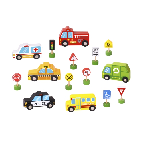 TOOKYLAND Wooden Vehicles and Street Signs Play Set - 16pc - Toy Cars, Trucks and Busses, Ages 3+
