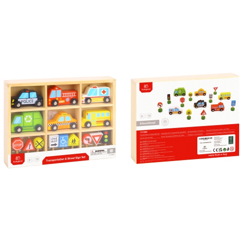 TOOKYLAND Wooden Vehicles and Street Signs Play Set - 16pc - Toy Cars, Trucks and Busses, Ages 3+