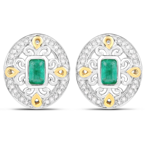 QJ  0.69 Carat Genuine Zambian Emerald And Diamond .925 Sterling Silver Earrings In White