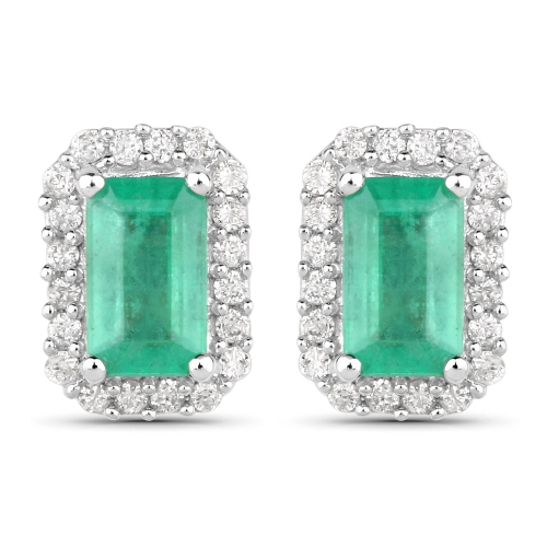 QJ  0.91 Carat Genuine Zambian Emerald And Diamond 14K Gold Earrings In White